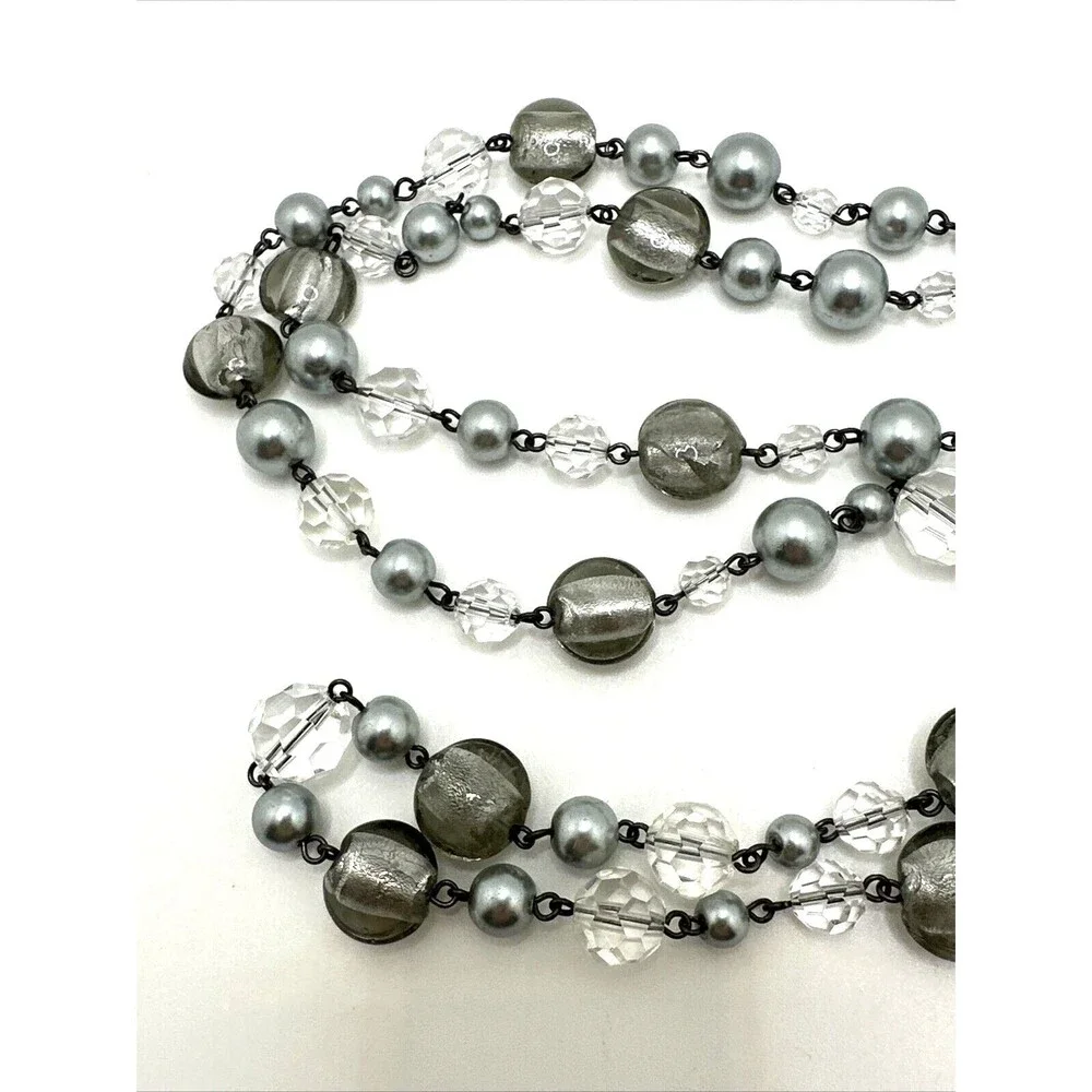 White House Black Market Station Necklace Gray Clear Glass Bead Long 35